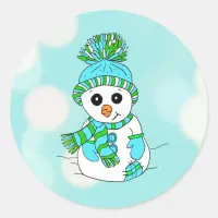 Christmas Snowman Teal Background Holiday Seasonal Classic Round Sticker