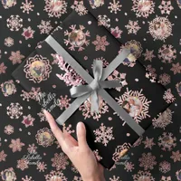 6 Pic Custom Rose Gold Glitter Snowflakes Blk Gift Wrapping Paper