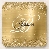 Faux Sparkly Gold Glitter Foil Monogram Beverage Coaster