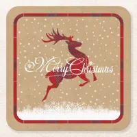 Merry Christmas Reindeer Tartan Red/Kraft ID590 Square Paper Coaster