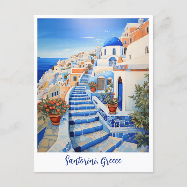 Santorini Island Illustration | Travel Art Postcard