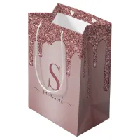 Chic Rose Gold Glitter Drips Sparkle Monogram Medium Gift Bag