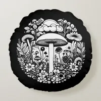 Black and White Retro Mushrooms and Flowers Round Pillow