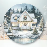 Pretty Festive House on a Frozen Lake Christmas Classic Round Sticker