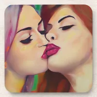 Watercolor Pride Two Women Share a Kiss Beverage Coaster