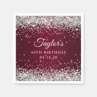 Silver Glitter Burgundy Ombre 40th Birthday Napkins