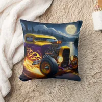 A vibrant hot rod cruising by the moonlit lake throw pillow