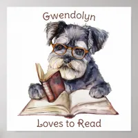 Nursery Art Poster Dog Reading a Book  Personlize