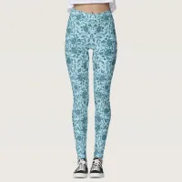 Elegant Flowery Teal Damask Leggings