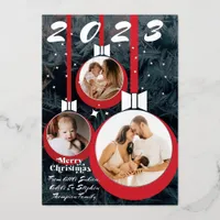 Festive Red Black First Christmas 3 Photo Collage Foil Holiday Card