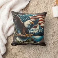 Eagle by American Flag Throw Pillow