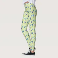 Pretty Blue Watercolor Flowers on Yellow Leggings