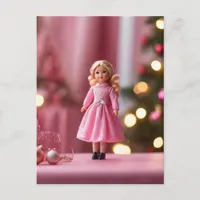 Adorable Blond Doll in Pink Christmas  Postcard