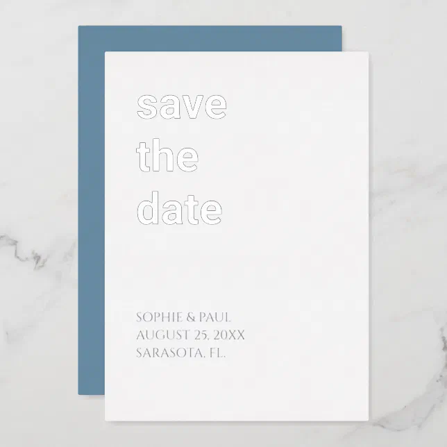 White Dusty Blue Save the Date Silver Foil Invitation