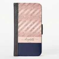 Girly Glam Rose Gold Glitter Navy Personalized iPhone X Wallet Case