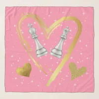 Gold Hearts King and Queen Chess Pieces on Pink | Scarf