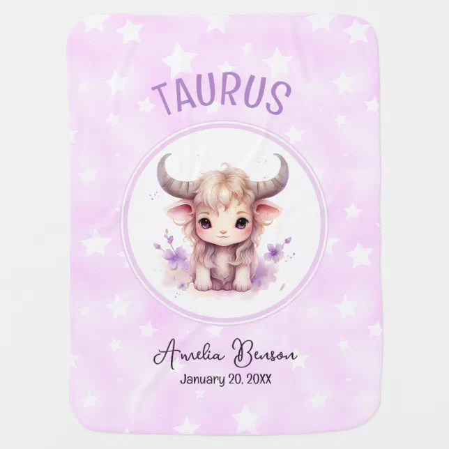 Cute Watercolor Illustration Taurus Zodiac Name Baby Blanket