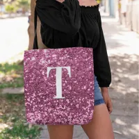 Berry Pink Faux Glitter Bokeh Sparkles Monogram Tote Bag