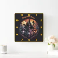 Halloween bears cast spells under a spooky moon square wall clock