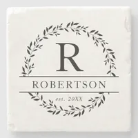 Monogram Name Modern Botanical Wreath Stone Coaster