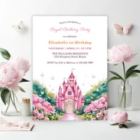 Pink Royal Princess Castle 1st Birthday Party Invitation