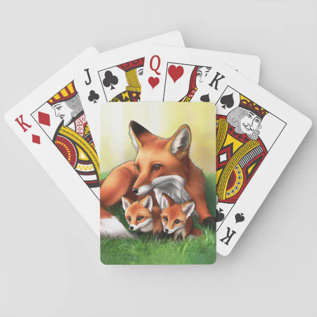 Red Fox Mother and Kits in the Grass Poker Cards