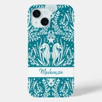 Seahorses Damask Teal Blue White Personalized iPhone 15 Case