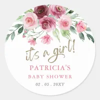 Its a girl Modern Pink Burgundy Floral Baby Shower Classic Round Sticker