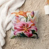 Colorful Lily Blooms on White Background Throw Pillow