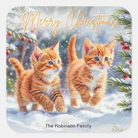 Cute Ginger Kittens Cats In Snow Merry Christmas Square Sticker