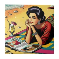 Retro Lady at Beach Daydreaming about Fashion Ceramic Tile