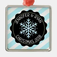 Personalize Couple's Blue Black White Snowflake Metal Ornament