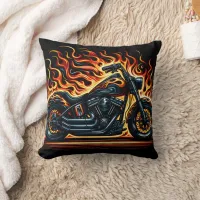 Fiery motorcycle blazing against a dark backdrop throw pillow