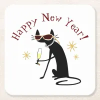 Thumbnail for Happy New Year Cat with Champagne Square Paper Coaster