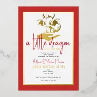 Cute A Little Dragon Is On The Way Red Baby Shower Foil Invitation