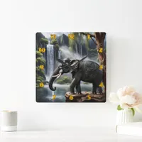 Majestic Elephant by Serene Waterfall at Dawn Square Wall Clock