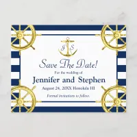 Navy Blue Gold Nautical Wedding Save the Date Announcement Postcard