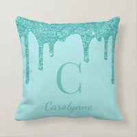 Teal Aqua Sparkle Glitter Drips Monogram Throw Pillow