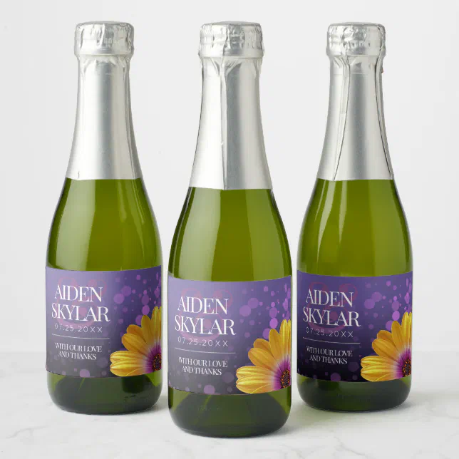 Elegant Golden Daisy with Purple Glitter Wedding Sparkling Wine Label