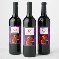 50 & Fabulous Photo Name Red 50th Birthday Purple Wine Label