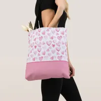 Watercolor Pink Heart Valentine Color Block Bottom Tote Bag