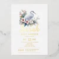 Tropical Egret Bird Coastal Baby Shower Foil Invitation