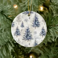 Blue and White Trees All Over Print Ceramic Ornament