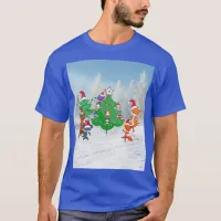 Cartoon Animals Dancing Around the Christmas Tree T-Shirt