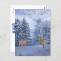 Magical winter forest with deer, christmas  holida holiday postcard