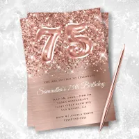 Sparkly Glittery Rose Gold Glam 75th Birthday Invitation