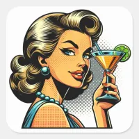 Retro Pop Art Lady with Cocktail | Cheers Square Sticker