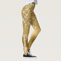 Glittery Gold Glam Brush Script Name Leggings