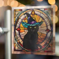 Square Stained Glass Black Cat Halloween Decor Window Cling