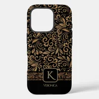 Elegant Black& Coper Gold Floral Monogram iPhone 16 Pro Case